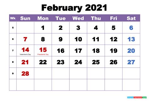 The 2021 calendar is automatically generated and can always be visited online. February 2021 Printable Calendar with Holidays Word, PDF ...