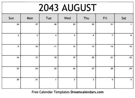 August 2043 Calendar Free Blank Printable With Holidays