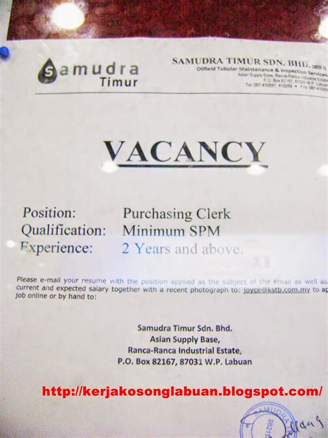 Dalam bulan ini, jawatan kosong labuan 2016 ada pengisian jawatan kosong atau kerja kosong labuan. Kerja Kosong Di Labuan: job vacancy as purchasing clerk at ...