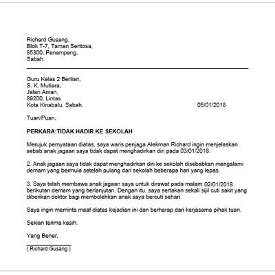 Surat rasmi permohonan cuti hari raya. Contoh Surat Kiriman Rasmi Tidak Hadir Ke Sekolah Karena ...