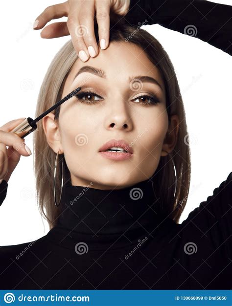 Woman Hold Black Mascara Eyelashes Doing Makeup Brush Isolated On White