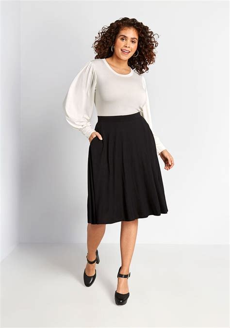 Black Flowy High Waist A Line Swing Cotton Midi Skirt With Pockets In M A Line Mid Length B