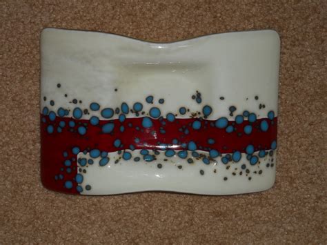 Candle Tray With Vanilla Glass Red And Reactive Blue Fused Glass Artwork Fused Glass Plates