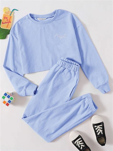Girls Letter Embroidered Crop Pullover And Sweatpants Set Shein Usa