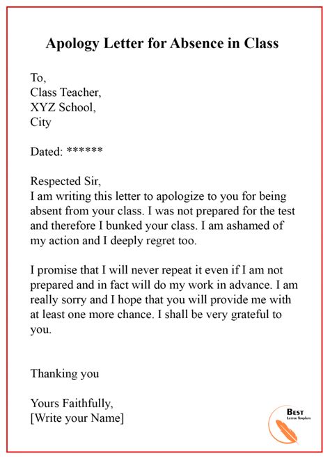 Example Of Formal Letter For Not Attending Class Attendance Template