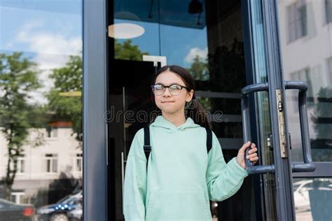 Pupil With Backpack Opening Door Of Stock Image Image Of Door Blur 250559881