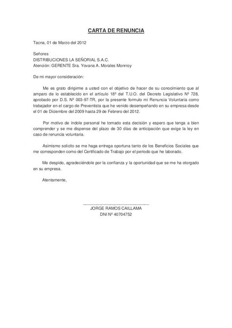 Modelo De Carta De Renuncia Peru Ministerio De Trabajo 2018 Word