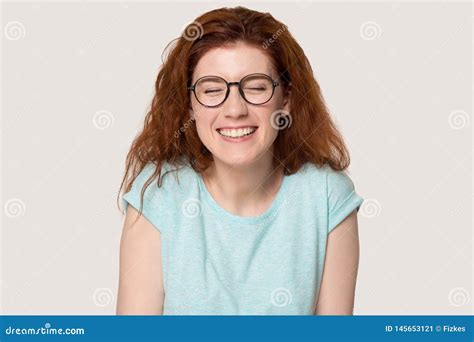 Happy Red Haired Girl In Glasses Laugh At Funny Joke Stock Image Image Of Advertising Humor