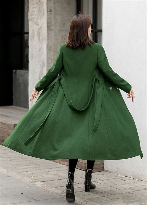 British Style Long Wool Coat In Green Warm Coat Women Vintage Winter