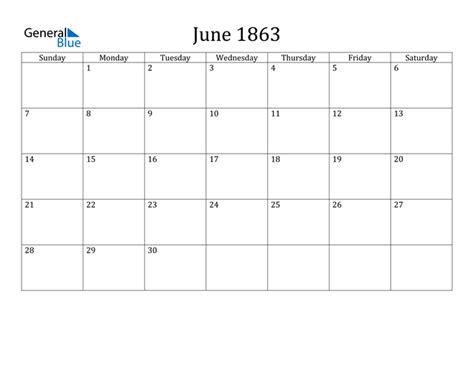 June 1863 Calendar Pdf Word Excel