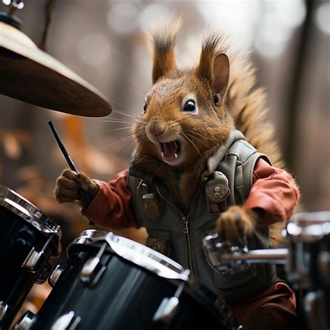 Premium Ai Image Arafed Squirrel Playing Drums In A Forest With A