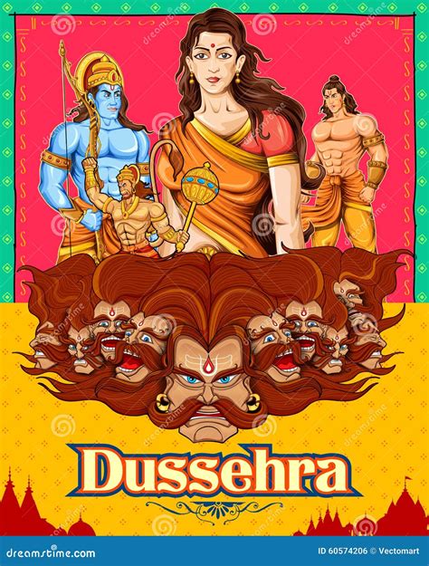 Lord Rama Sita Laxmana Hanuman And Ravana In Dussehra Poster Stock Vector Illustration Of