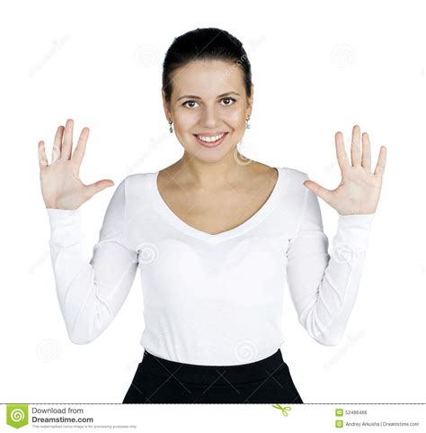Young Happy Beautiful Woman Shows Her Palms Stock Photo Image Of