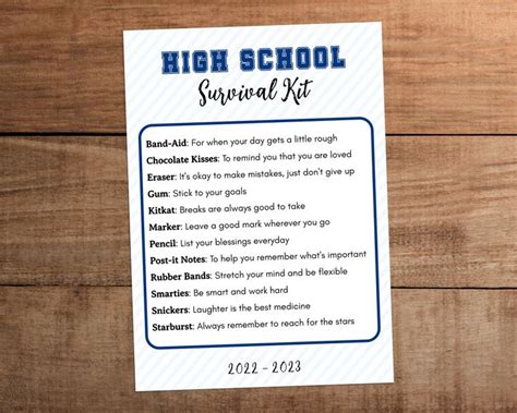 A High School Survival Kit On A Wooden Table With The Instructions For