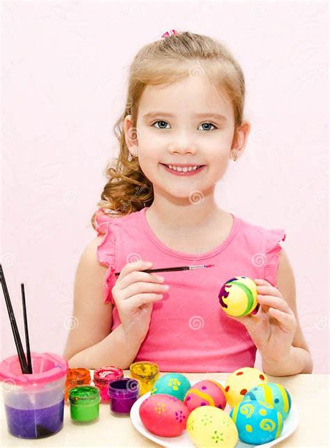 Cute Little Girl Painting Easter Eggs Stock Image Image Of Colorful