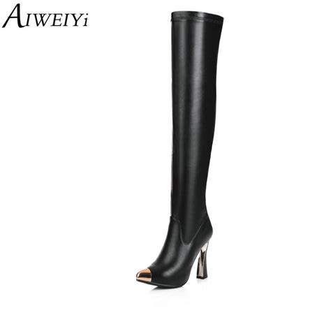 aiweiyi autumn winter genuine leather women boots metal pointed toe thigh high boots fashion