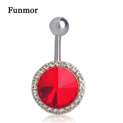 Funmor Simple Red Round Big Rhinestone Belly Button Rings For Girls