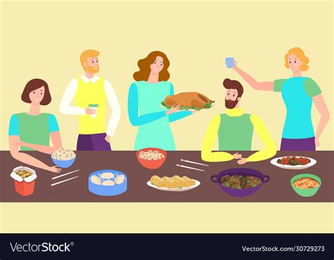 People Eating Asian Food Together Friends Cartoon Vector Image