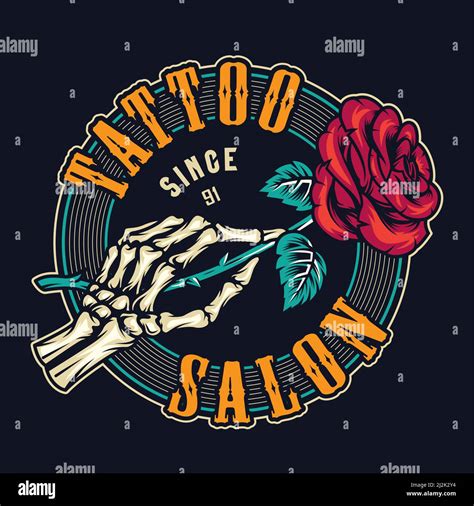 Tattoo Studio Colorful Round Print With Skeleton Hand Holding Blooming