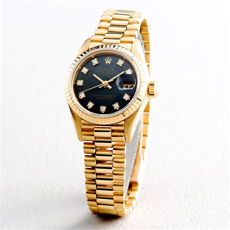 Ladies Rolex 18k Yellow Gold Datejust President Black Diamond 69178