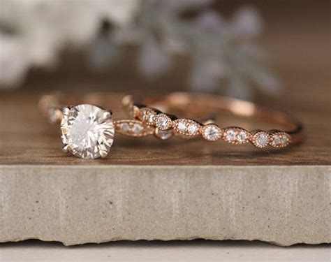 Bridal Ring Set Moissanite Rose Gold Engagement Ring Round Etsy