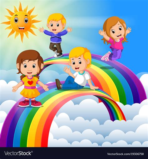 Happy Kids Standing Over The Rainbow Royalty Free Vector