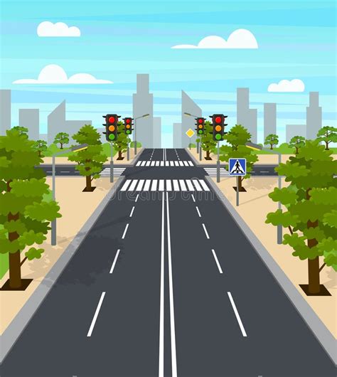 Cartoon City Crossroad Traffic Lights Card Poster Vector Stock Vector