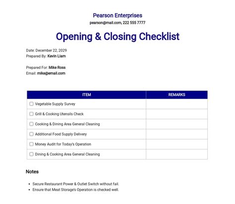 Restaurant Opening Checklist Template