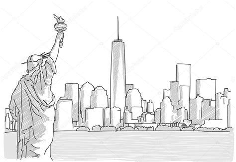 Free Hand Sketch Of New York City Skyline With Statue Of
