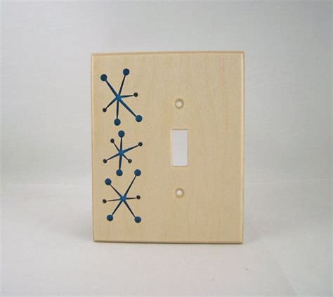 Mid Century Modern Switchplate Atomic Blue Starburst Birch Wood Single