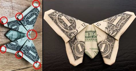 An Origami Butterfly Made Out Of One Dollar Bill With Red Circles Around It