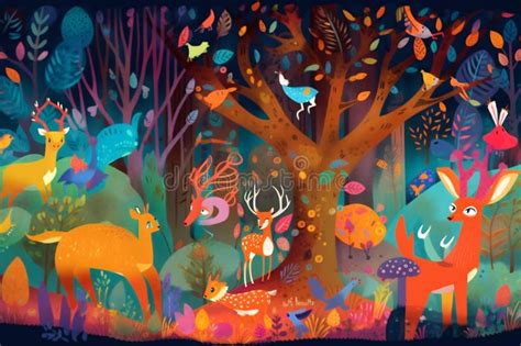 Whimsical Illustration Of A Magical Forest Filled With Vibrant Colors