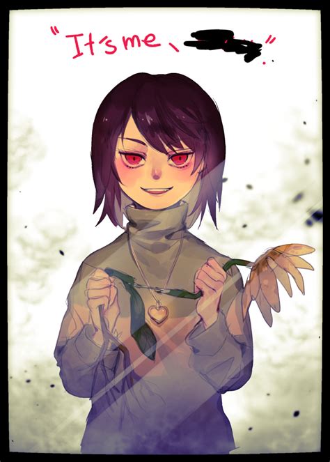 safebooru androgynous blush brown hair chara undertale english evil smile flower flowey