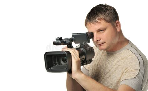 Der Mann Mit Einer Video Kamera Stockbild Bild Von Frontseite