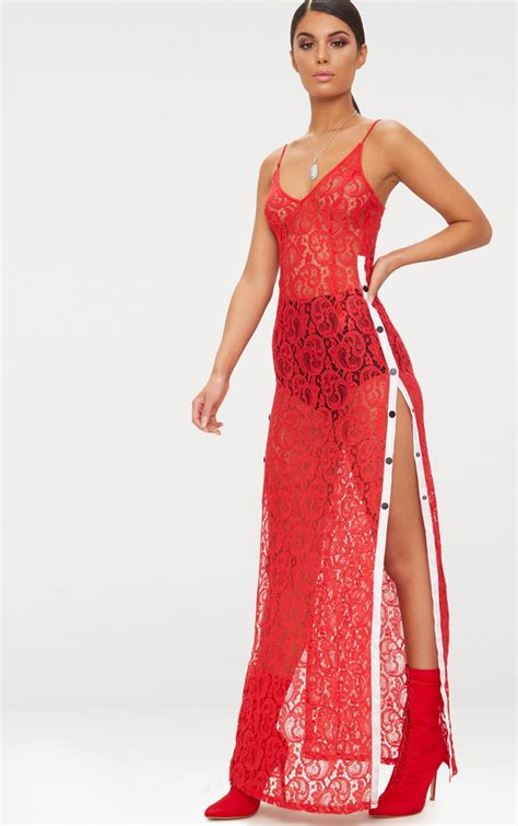 Red Strappy Sheer Lace Popper Side Maxi Dress Prettylittlething Qa