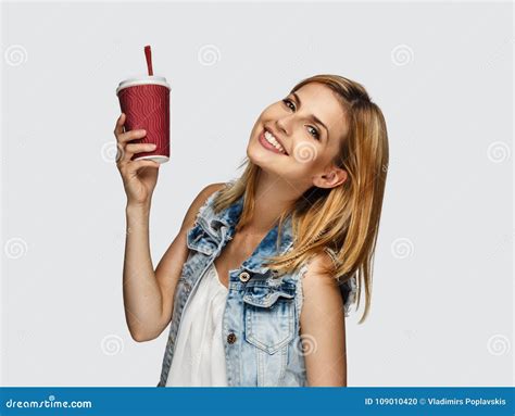 Smiling Blond Female Holding Coffe Drink Stock Photo Image Of Lifestyle Coffee