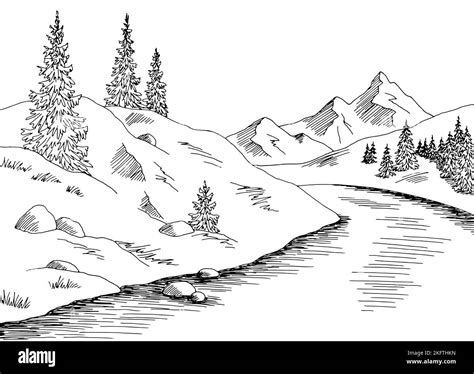 Mountain River Graphic Black White Landscape Sketch Illustration Vector