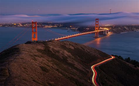 City Aeyaey Night Bridge Water Bay San Francisco Fog Cities Roads