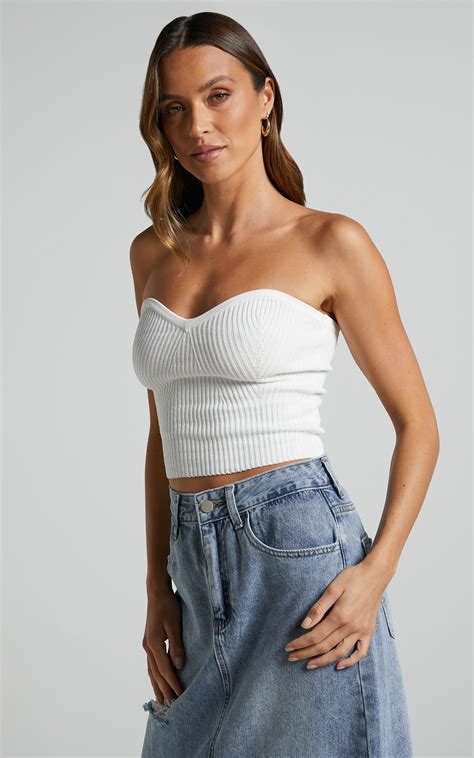 Emilia Sweetheart Ribbed Knit Strapless Top In White Showpo