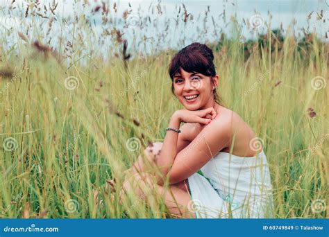Girl Sitting And Posing On A Meadow Stock Image Image Of Hair