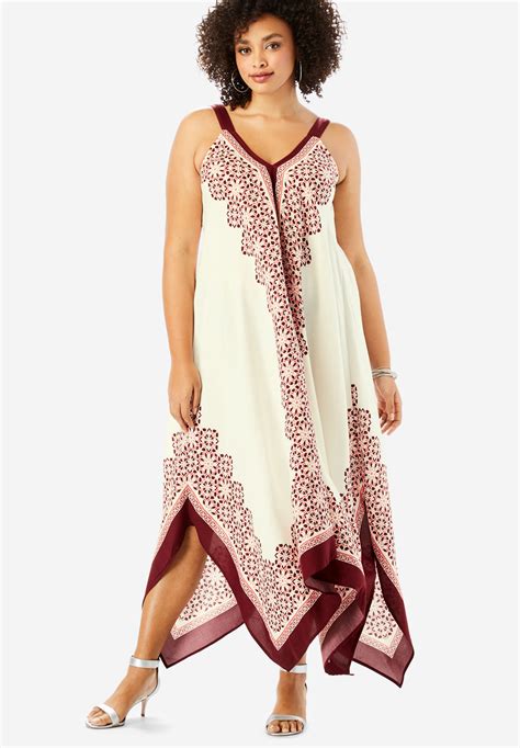 Scarf Print Maxi Dress With Handkerchief Hem Plus Size Casual Dresses