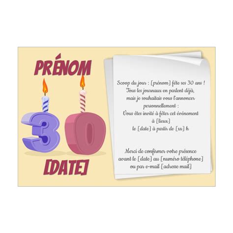 Invitation Anniversaire 30 Ans Bougie Dessin gratuit à imprimer (carte