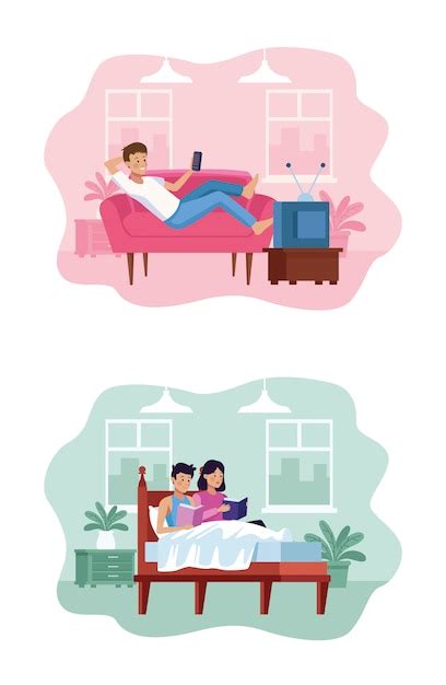 Premium Vector Man Watching Tv And Couple In The Bed