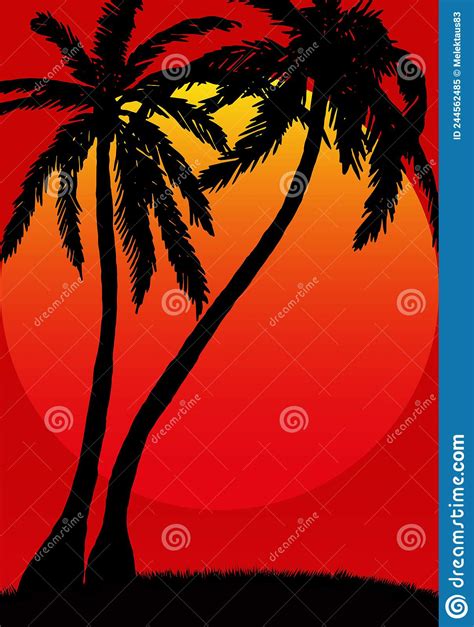 Silhouettes Of Palm Trees Against The Backdrop Of The Setting Evening