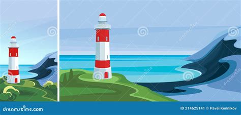 Seascape With Lighthouse Stock Vector Illustration Of Scene 214625141