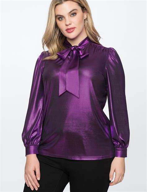 Metallic Bow Blouse Purple Casual Skirt Outfits Pretty Outfits Plus Size Tops Plus Size Women