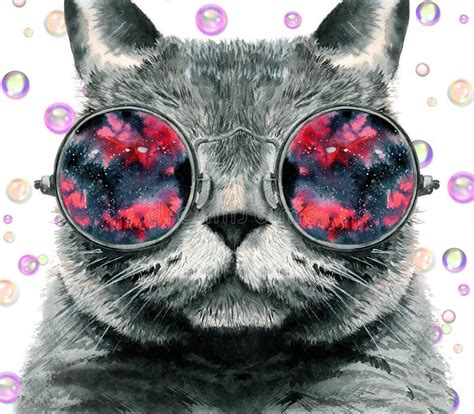 Watercolor Illustration Of A Gray Fluffy Cat In Round Glasses Stock