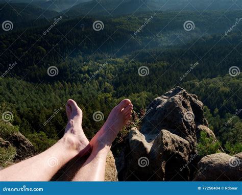 Naked Male Legs Take Rest On Peak Outdoor Activities Stock Photo Image Of Outdoor Body