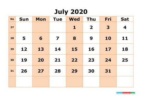 Free Printable July 2020 Calendar Word Pdf