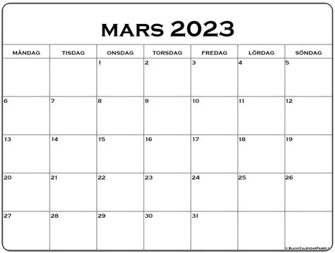 Mars 2023 Kalender Svenska Kalender Mars